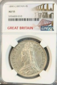 1890 GREAT BRITAIN SILVER 4 SHILLINGS QUEEN VICTORIA NGC AU 55 DOUBLE FLORIN - Picture 1 of 4