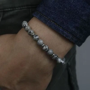 Bracciali Perline Arenaria - Bracciale Regolabile Acciaio Inox 6MM Perline Naturali - Foto 1 di 18
