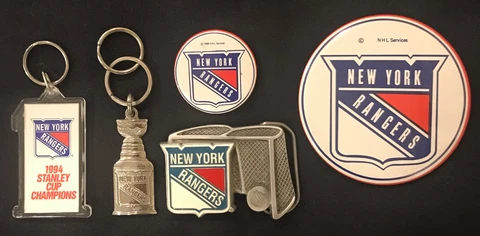 New York Hockey Rangers Lot of 5 souveniers ~ keychains - pinbacks - belt buckle Cover