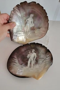 Pair ANTIQUE Carved Oyster Shell C 19th French/Belgium Man Woman Fishing Basket - Picture 1 of 5