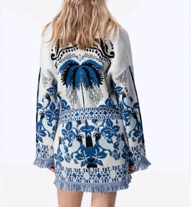 Essitam Jacquard Belted Cardigan Blue OJOUR- Bird And Palm size S - Picture 1 of 7
