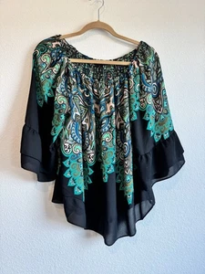Zac & Rachel Damen Boho schwarz grün bunt Chiffon Bluse Lagenlook Ärmel XL - Bild 1 von 10
