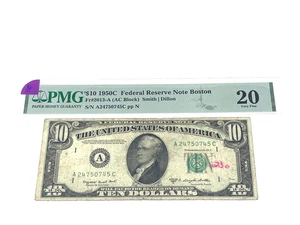 Pre 57 - 1950C - $10 Federal Reserve Note Boston, Green Seal, PMG 20, VF (#14) - Picture 1 of 2