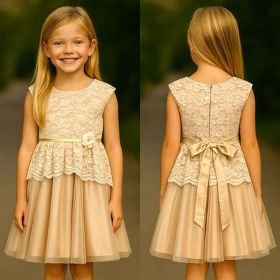 Jona Michelle Girls Gold Lace Tulle Dress Glitter Skirt, Floral Overlay Size 8 - Image 1 of 4