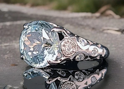 Vintage 14K White Gold Engagement Ring 7.61CT. Natural Sky Blue Aquamarine Round - Image 1 of 4