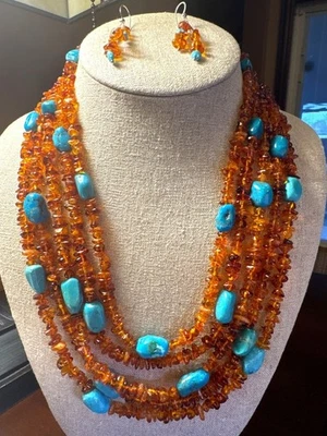 Juego de pendientes collar de 5 hilos Jay King DTR 925 cuentas de howlita azul astillado ámbar Foto 1 de 4