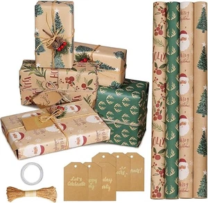 4x Geschenkpapier Weihnachten Rolle 43cm x 3m Kraftpapier Verpackungspapier Set - Bild 1 von 7