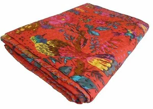 Art Kantha Double Quilt Handmade Floral Reversible Blanket Cotton Bohemian Throw - Picture 1 of 6