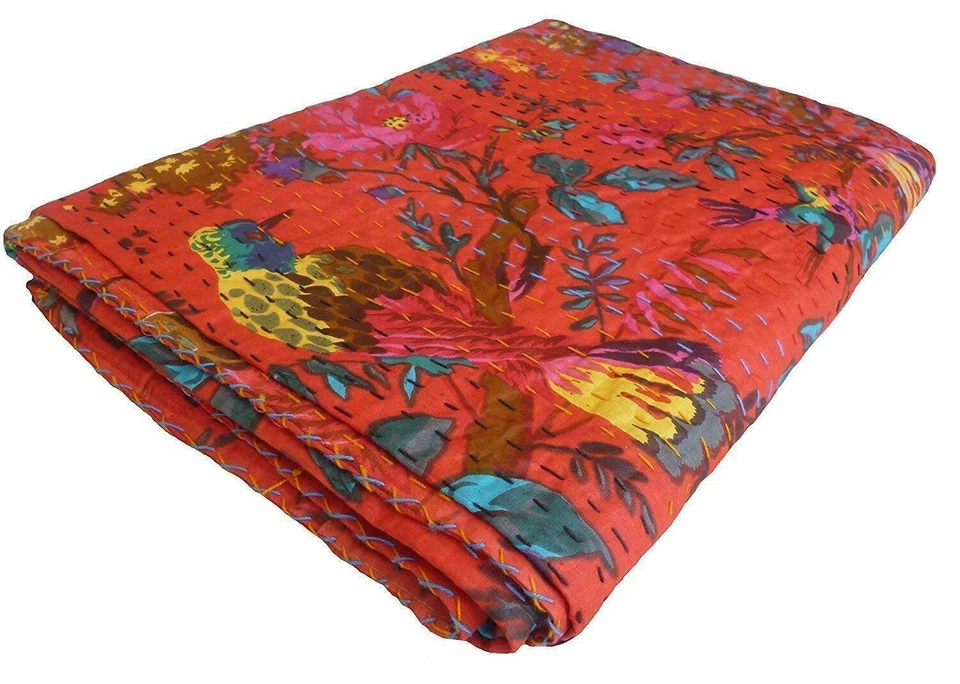 Art Kantha Double Quilt Handmade Floral Reversible Blanket Cotton Bohemian Throw - Image 1 of 4