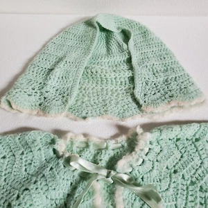 Vintage Baby Infant Crochet Sweater & Bonnet Mint w/ White Angora Trim Early 50s - Picture 1 of 12