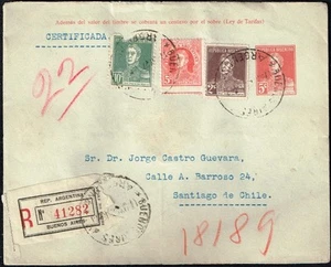 3242 ARGENTINA TO CHILE REGISTERED PS STATIONERY COVER 1927 BS. AIRES - SANTIAGO - Picture 1 of 2