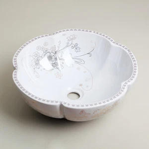White Bathroom Wavy Ceramic Pattern Sinks Round Deck Mounted Bowl Without Faucet - Picture 1 of 5