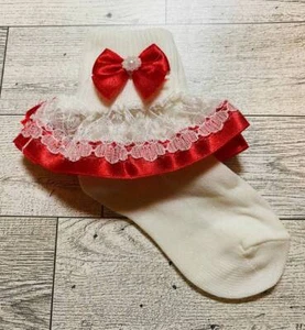 Baby Toddler Girl White Red Satin Bow and Lace Ruffle Socks fits Shoe Size 2-4 - Picture 1 of 1