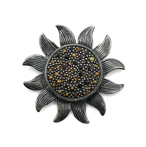 Vintage Sterling Silver Sunburst Sunflower Coffee Rhinestone Brooch Oxidized - Picture 1 of 7