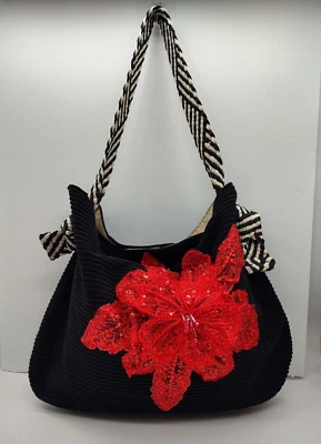 OOAK Hobo Corduroy Tote Purse Handbag Black w/Red Sequin Flower  Lined (10-C) - Image 1 of 4