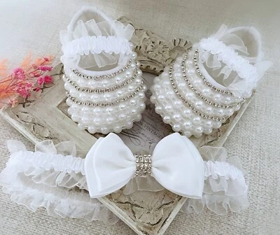 Белая обувь для крещения, крещения, стразы и жемчуг бант обруч для волос, детский подарок - Изображение 1 из 4