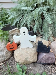 Vintage Holz Halloween Deko Set, Geist, schwarze Katze, Fledermaus, Kürbis, handbemalt - Bild 1 von 11