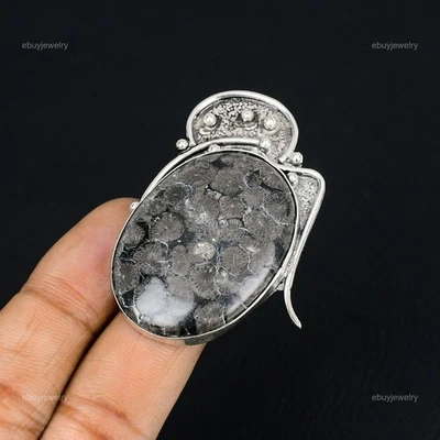 Anillo de compromiso de plata esterlina 925 con piedras preciosas de coral fósil negro EE. UU. 8,5 Foto 1 de 4