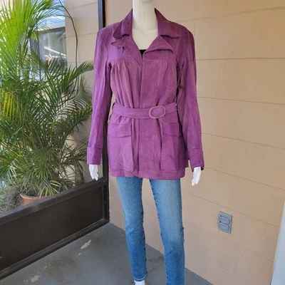 Blazer de gamuza púrpura vintage años 80 chaqueta de cuero genuino con cinturón para mujer talla L Foto 1 de 4