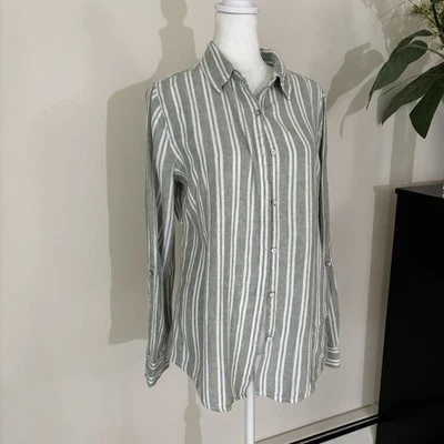 Camisa blusa de lino blanca verde a rayas Jones & Co para mujer talla S Foto 1 de 4