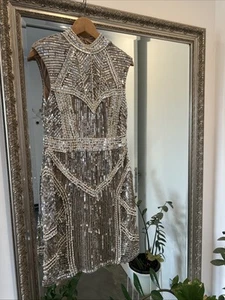 Designer KAREN MILLEN PEARL GOLD SILVER DRESS RRP$800 - Picture 1 of 9