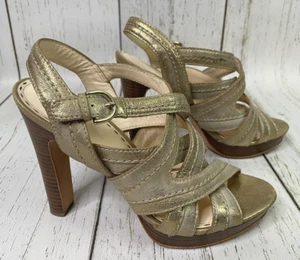 Sandalias de tacón COACH Brynne de cuero dorado metálico cepillado talla 9,5 con tiras - Imagen 1 de 16