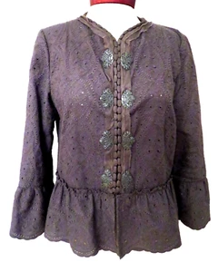 Elie Tahari Embroidered Fringed Brown Cotton Jacket Coat Blazer Duster Sz M $398 - Picture 1 of 10