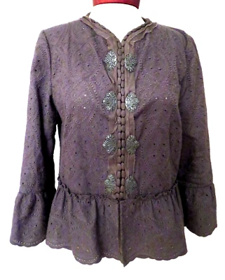 Chaqueta Abrigo Blazer Plumero Elie Tahari Bordada Flecos Marrón Algodón Talla M $398 Foto 1 de 4