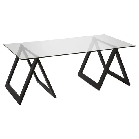 Contemporary Coffee Table Metal Sawhorse-Style Legs with Rectangular Glass Top Cover
