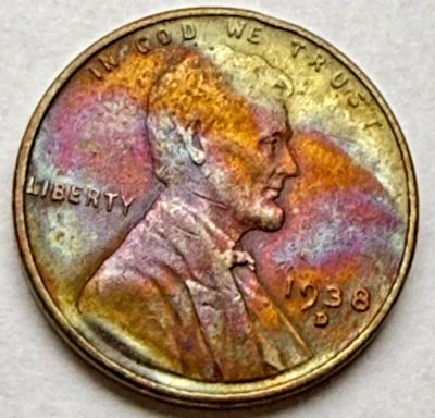 1938-D US Lincoln 1c Wheatie ~ Uncirculated~ Wild (Artificial?) Color ~ Nice H61 - Image 1 of 2