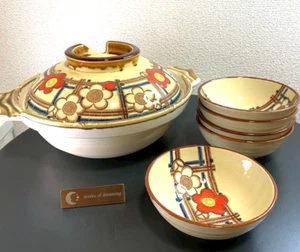 Japanese Earthenware Clay Cooking Donabe Casserole Pot Lid  5 plate  flower VTG - Picture 1 of 14