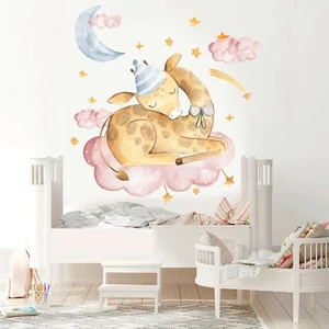 Watercolor Sleeping Deer Moon Stars Removable Wall Fabric Decal Set Gift Decor - Bild 1 von 6
