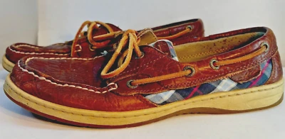 Women's Sperry Top-Sider Angelfish Leather Boat Shoe Pink & Blue Plaid Size 9M - Image 1 of 4