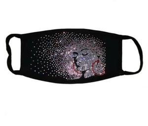 Face Mask Rhinestone Afro Girl with Red Hoops, Cotton Blend, Made In USA - Picture 1 of 4