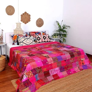 Vintage Silk Sari Patchwork Kantha Quilt Handmade Bedding - Picture 1 of 6