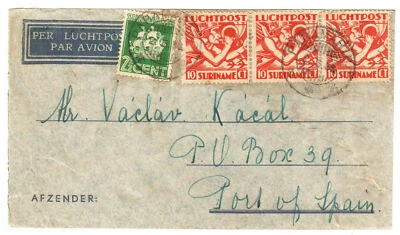 1936 Netherlands Surinam Airmail Cover Paramaribo to Port of Spain, Trinidad - Image 1 of 2