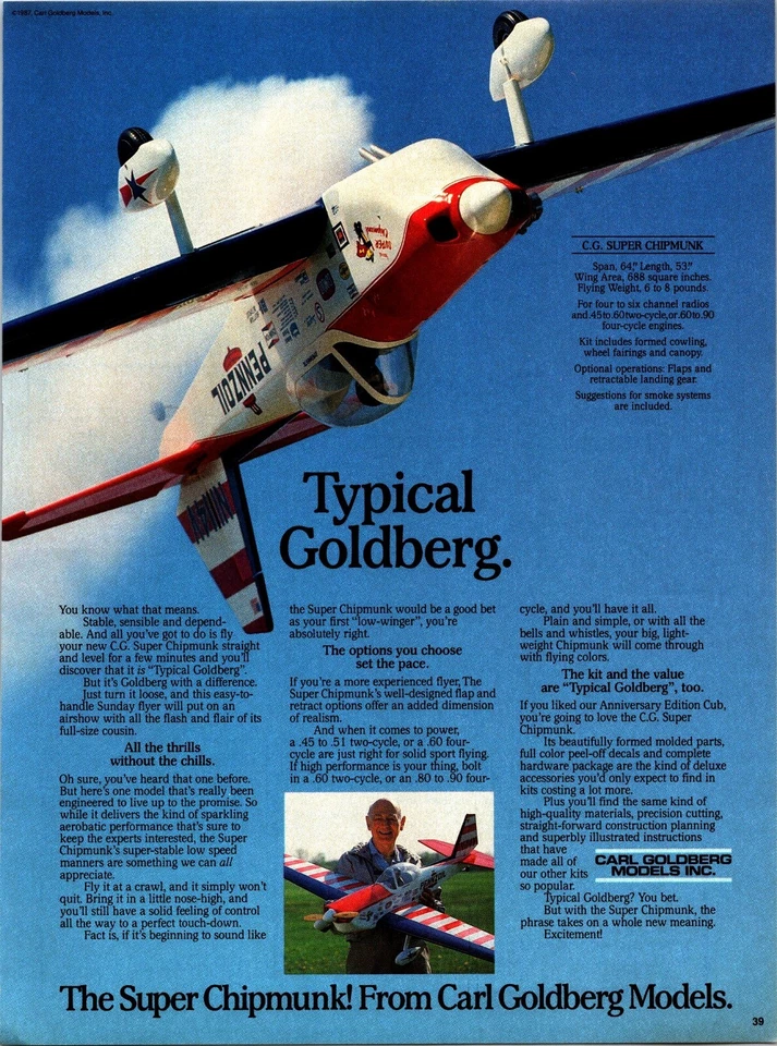 Carl Goldberg Super Chipmunk RC Airplane Print Ad Ephemera Wall Art Decor - Image 1 of 1