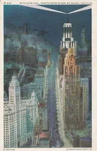CHICAGO, MICHIGAN AVENUE BY NIGHT, United States - Vintage POSTCARD - Foto 1 di 2