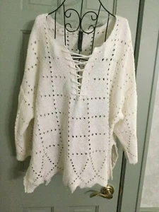 Ban Jara L Pullover Oberteil mit bestickten Ösen elfenbein 3/4 Arm Baumwolle Strick Schnürung - Bild 1 von 4