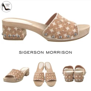 Sigerson Morrison Akira Beige Canvas Printed Slides Clogs Wooden Platform Mule 8 - Picture 1 of 10