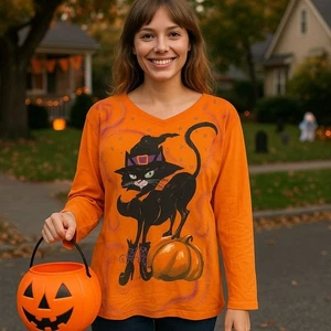 Needy Me Grafik T-Shirt XL Halloween Katze Hexe Kürbis orange V-Ausschnitt Retro Vintage - Bild 1 von 7