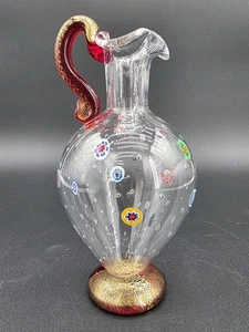 Vintage Murano Italy Art Glass Pitcher Millefiori Gold Red Baccerini Signed 8" - Picture 1 of 7