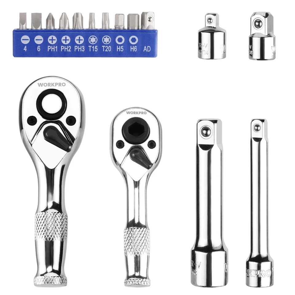 WORKPRO 16PC Stubby Ratchet Bit Driver Set 1/4" 3/8" Drive Ratchet Handle Wrench - Image 1 of 4