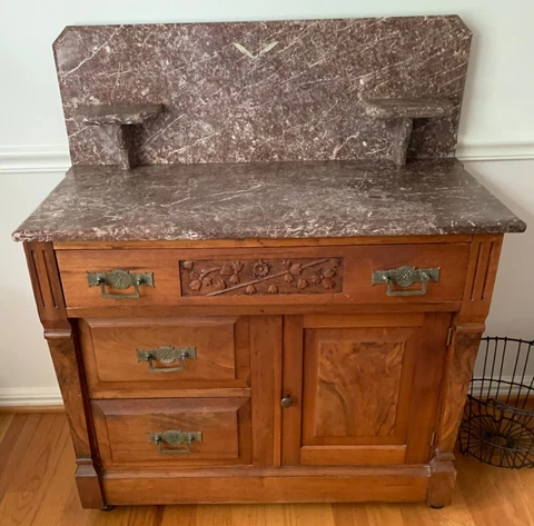 Antique Granite Topped Dry Sink, w/3 drawers, 1 cabinet: most w/carvings Cover
