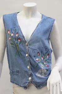 Vintage Handpainted Floral Denim Jean Vest By Expose France USA Italy Boho Hippi - Picture 1 of 12