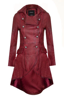 Women's Gothic Burgundy Leather Coat Edwardian Victorian Flare Goth Punk Jacket - Image 1 of 4