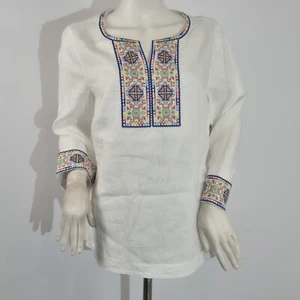John Mark Women's Tunic Size S Embroidered Geometric White  Blouse Sequined 25 - Picture 1 of 14