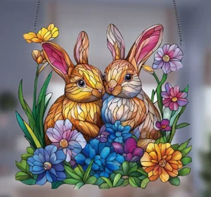 SUNCATCHER-8"x7.5" Two Bunny's, Stained Acrylic Style Window Hanging, Rustic - Picture 1 of 4