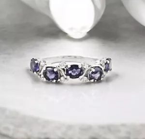 Anillo de eternidad de piedra de nacimiento de iolita natural de plata de ley 925 joyería de boda - Imagen 1 de 10