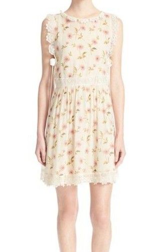 Abito ROSSO Valentino Garavani Mini A Line Stampa Fiori 100%Seta Cotone Taglia 44It